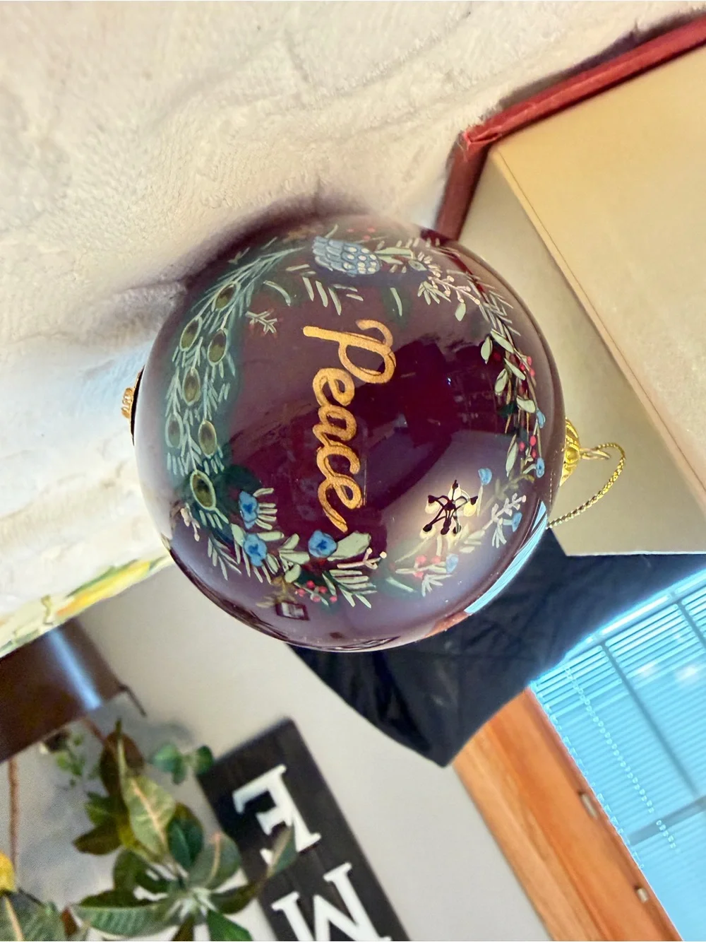 Li Bien Holiday Peace Glass Ornament - Deep Burgundy